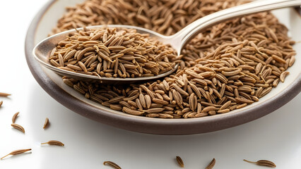 Closeup of Cumin Seeds Served in Plate with Spoon Isolated on White