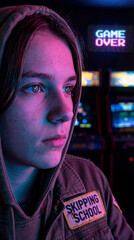 Young female gamer with neon reflections in eyes at retro arcade. Portrait of teenager with skipping school patch