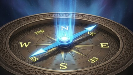Enchanting brass compass with luminous blue guidance beam pointing true north amid ancient Celtic