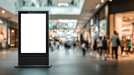 Blank vertical digital display in shopping mall with blurred people background. Advertising mockup billboard for marketing and promotion campaigns