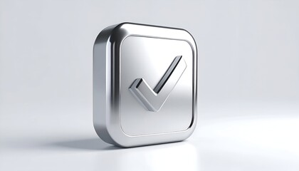Metallic, square-framed checkmark, chrome finish, slightly tilted on a white backdrop