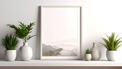 Minimalist shelf with white vases, leafy plants, and a framed landscape photograph