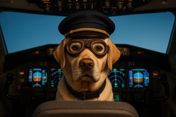 The Aviator Canine: A captivating image features a canine, donned in aviator goggles and a cap, at the helm of an aircraft's cockpit, ready for take off. Capturing the spirit of adventure and fantasy.