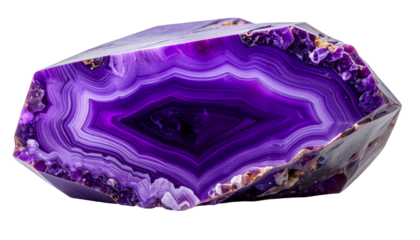 Polished gemstone shows layered bands of deep purple and white hues
