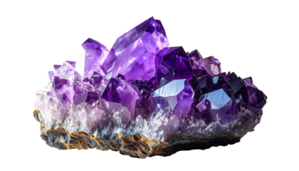 Clusters of radiant, faceted violet crystal geodes on a rough, white base