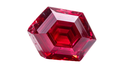 Brilliant-cut faceted red gemstone with intricate internal structure