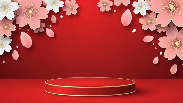 Elegant red podium stage with delicate paper cherry blossoms and falling petals - Powered by Adobe