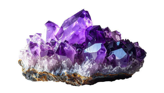 Clusters of radiant, faceted violet crystal geodes on a rough, white base