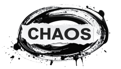 Torn paper with ?CHAOS? across a black swirled background