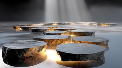 Black stone platforms arranged in mist under spotlights