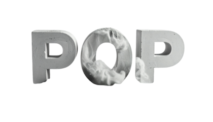 3D "POP" text with smoke art in the "O" against a black backdrop