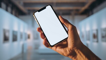 Hand holding smartphone with blank screen in modern art gallery