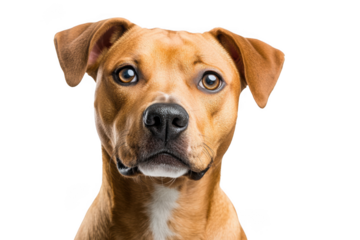 Close-up portrait of a brown dog with expressive eyes and floppy ears isolated on transparent background