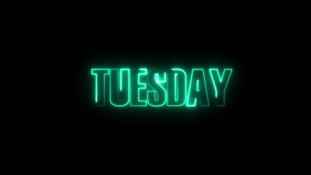Glowing Neon "TUESDAY" Text on Black Background, Modern Retro Style