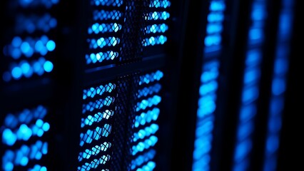Close-up of glowing blue server rack lights creating an abstract technological pattern on a dark background.