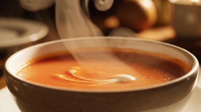 A steaming bowl of orange soup with a creamy swirl rests on a warm table under soft lighting tonight