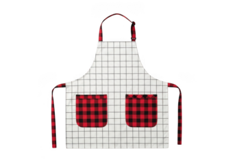 White checked apron with red plaid pockets and ties isolated on transparent background