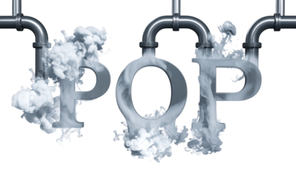 POP" letters, stylized smoke and pipes. Letters composed of vapors