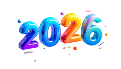 3D-rendered, colorful "2026" numbers with vibrant gradient and geometric details