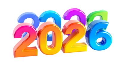 Colorful 3D numbers forming "2026" on a black background