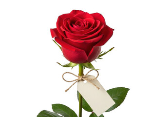 Naklejka premium Beautiful red rose with a blank gift tag tied with twine, symbolizing love and romance, perfect for valentines day and anniversaries isolated on transparent background