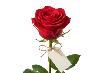 Beautiful red rose with a blank gift tag tied with twine, symbolizing love and romance, perfect for valentines day and anniversaries isolated on transparent background