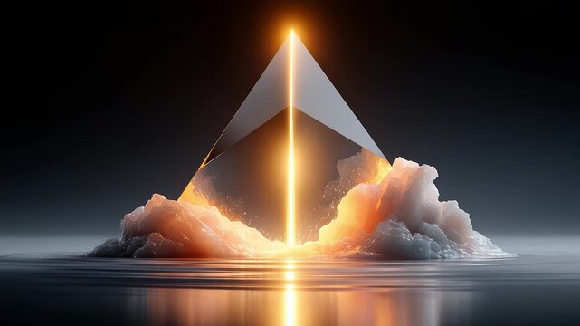 Glowing crystal pyramid standing in clouds on dark background
