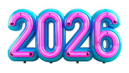 Glossy blue inflated numbers with pink neon lights spell out the year 2026