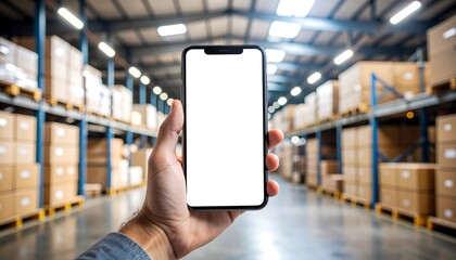 Hand holding smartphone with blank screen in modern warehouse