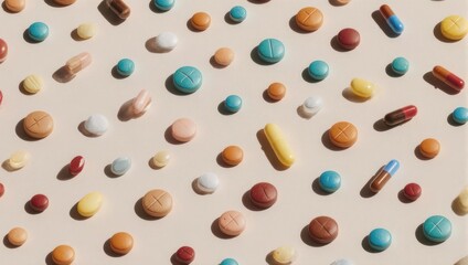 Colorful Candy and Pills Scattered on Beige Background.