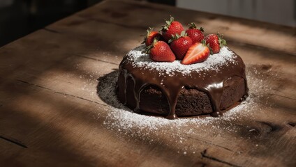 Delicious Chocolate Cake with Strawberries and Powdered Sugar.