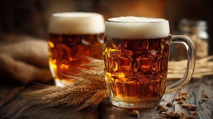 Refreshing Beer Mugs on Rustic Table Surrounded by Wheat and Barley Grain Elements