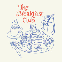 Cozy breakfast illustration with pancakes, coffee cup, syrup and cutlery in hand-drawn line art style. Ideal for cafe menus, brunch posters, morning lifestyle blogs, packaging and restaurant branding.