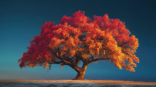 Solitary tree with orange leaves and broad canopy, thick trunk, on barren ground beneath a blue sky