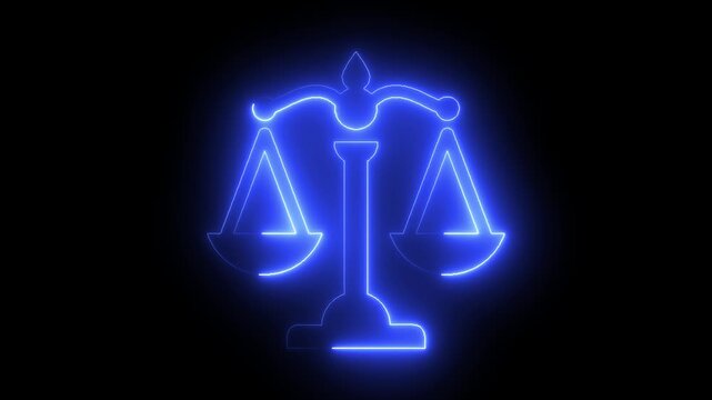 Glowing neon Law Symbol Digital Justice Scale Loop. Neon Scales of Justice Animation Legal Concept .Glowing neon line Scales of justice icon isolated on black background. Court of law symbol. - Powered by Adobe