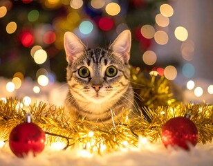 Adorable tabby cat stares at camera, festive background of lights