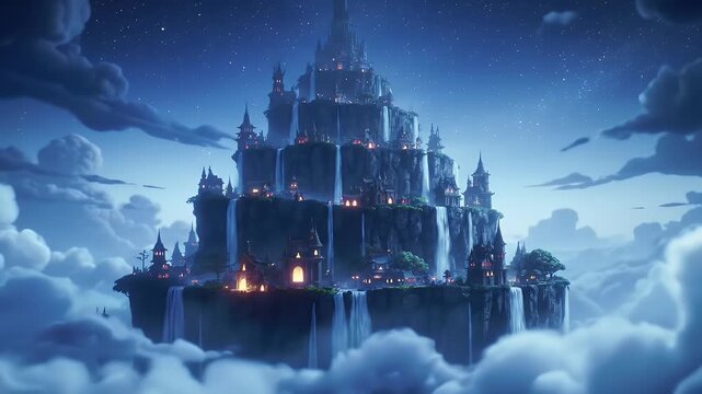 Majestic Snow-Capped Castle Floating Above Misty Clouds Beneath a Starry Night Sky
