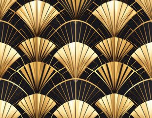 Elegant Art Deco Seamless Pattern with Intricate Golden Fan Shapes - Luxurious Geometric Ornament on Black Background