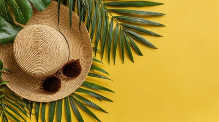 A stylish straw hat and sunglasses surrounded by lush green leaves on a vibrant yellow background, evoking a tropical summer vibe.