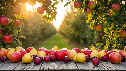 Fresh Red and Yellow Apples on Table in Orchard with Sunlight
