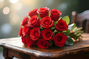 Beautiful Bouquet of Vibrant Red Roses with Dewdrops on Antique Wooden Table - Romantic Floral Arrangement