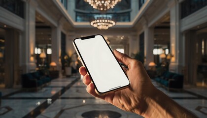 A hand holding a smartphone with a blank screen in a luxurious hotel lobby