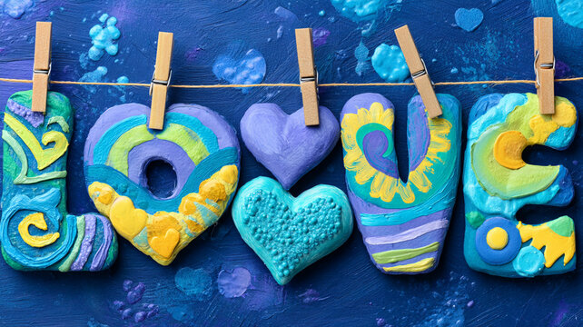 Colorful clay letters spelling LOVE hang on string with clothespins against vibrant blue background, showcasing abstract art style
