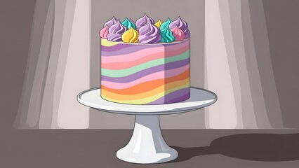 A colorful illustration of a multi layered cake on a white cake stand with swirly frosting and decorations on top in a room
