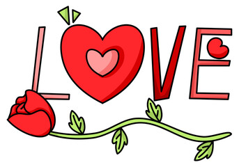 Creative LOVE typography with heart shape and a red rose flower on a vine.