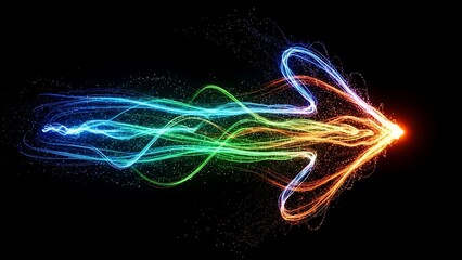 Multicolored light trail arrow on black background