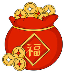 Red money bag filled with gold coins and Fu character symbolizing wealth and prosperity.