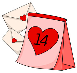 Desk calendar showing February 14th with love letters and heart shapes.