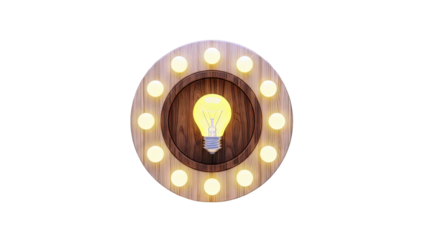 Lightbulb surrounded by illuminated bulbs on wooden frame