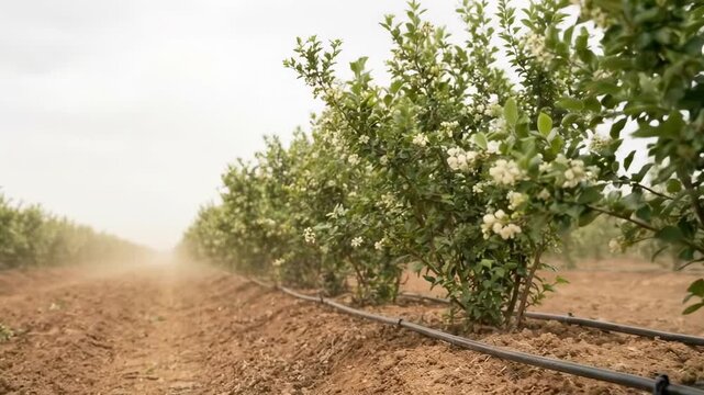 blueberry plant flowers - Lush rows of flowering bushes stretch along a dusty field, with irrigation pipes lying on the ground, creating a serene yet productive agricultural landscape